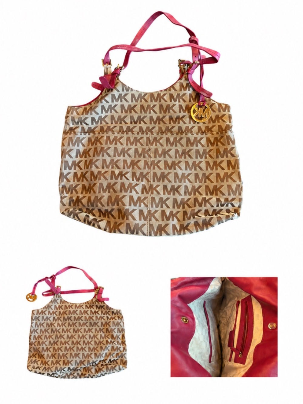 Garage Blowout Michael Kors MK Monogram Tote Pink Leather Trim Charm
